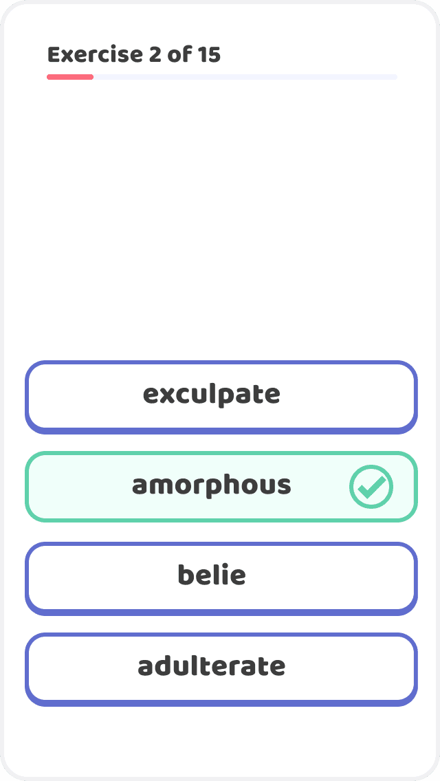 Screenshot of a multiple choice exercise for the word amorphous.